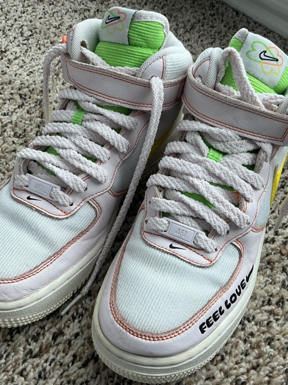 Nike Kids White High-Top Sneakers with Neon Green & Yellow Accents